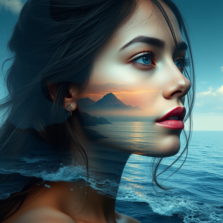 design Book cover, A surreal double exposure portrait that blends a woman's face with a beautiful seascape. The overall mood is dreamy and mystical, with rich colors and intricate details