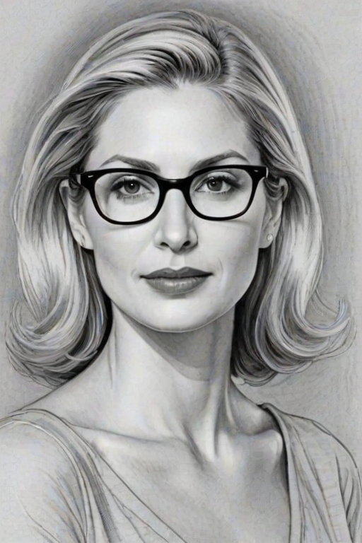 Captivating Kelly Rutherford, pencil sketch, portrait of Appealing woman 1938s in glasses, hair style beatnik, outline, clear lines, fine lines, 8k