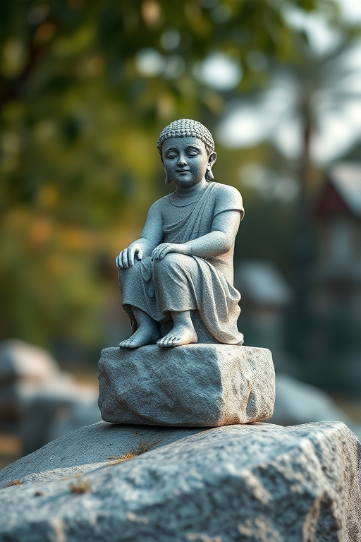 Create a hyper-realistic 3D rendering of a stone statue of a seated figure on a rock, using a DSLR camera with a 50mm lens, f/1.8 aperture, ISO 100, and a shallow depth of field, captured from a slightly low angle to emphasize the statue's features and textures.