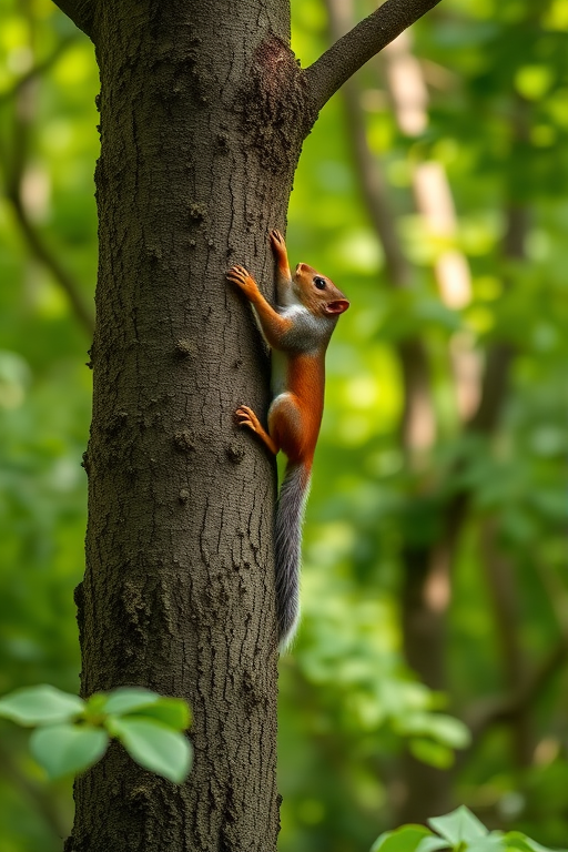 Squirrel climbing a tree in a lush green forest, captured with a Canon EOS 5D Mark IV, 50mm lens, aperture f/2.8, shutter speed 1/200 sec, ISO 400, natural daylight, shallow depth of field for enhanced background blur.