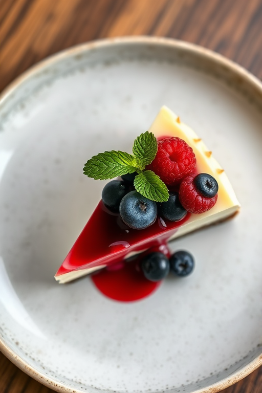 capture an elegant slice of cheesecake topped with mixed berries and mint leaves on a textured plate, natural light, 50mm lens, f/2.8 aperture, ISO 100, shallow depth of field, DSLR camera, top-down view