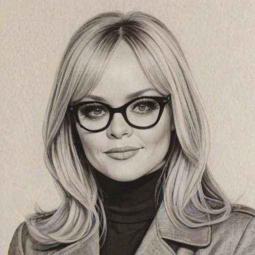 Resplendent Emma Bunton, pencil sketch, portrait of Ravishing woman 1960s in glasses, hair style beatnik, outline, clear lines, fine lines, 8k
