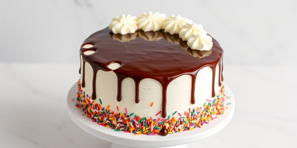 Create an image of a round cake with white frosting topped with chocolate ganache drips and a decorative border of whipped cream on top. The sides of the cake should be covered in a colorful assortment of sprinkles, and it should be placed on a white cake stand against a light marble background.