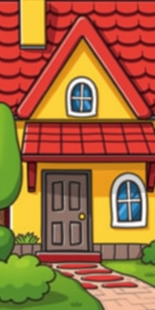 Regenerate a colorful cartoon-style house illustration with a red roof and yellow walls, using a 50mm lens, f/2.8 aperture, ISO 100, shot from a low angle for depth, utilizing a digital camera with high resolution settings.