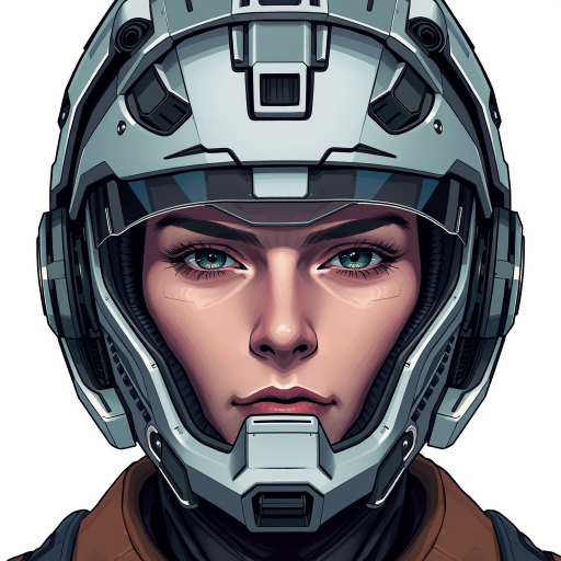 Create a high-resolution digital illustration of a person wearing a futuristic, high-tech helmet with intricate details, emphasizing a blend of realistic and abstract elements, captured from a frontal view using a DSLR camera with a 50mm lens at f/1.8 aperture, 1/125 shutter speed, and ISO 200.
