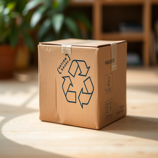 Create a high-resolution image of a cardboard box with a recycling symbol, using a Canon EOS 5D Mark IV, 50mm lens, aperture f/8, ISO 100, natural lighting, focused on the texture and details of the box.