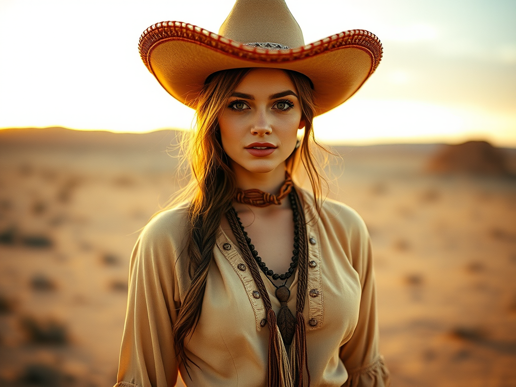 Dramatic photo of a beautiful Romani woman, classic cowboy attire, confident and free spirit expression, half-length portrait, centered, golden hour desert landscape, warm, diffused light, low angle, medium format film camera, in style of Annie Leibovitz.