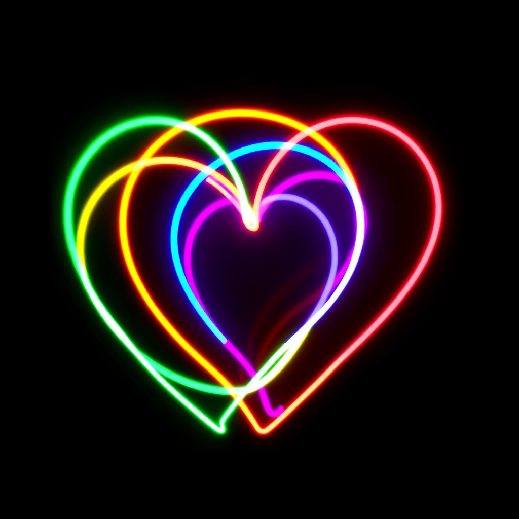Generate a vibrant heart shape design using neon light trails in orange, yellow, green, blue, purple, and pink against a black background; camera settings: ISO 100, f/2.8, 1/60s; camera view: front view; camera style: long exposure; camera type: DSLR.