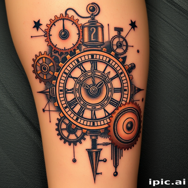 Steampunk tattoo titled "Clockwork Reverie" incorporating vintage mechanical elements gears and Victorian-inspired motifs with a mix of copper and brass tones