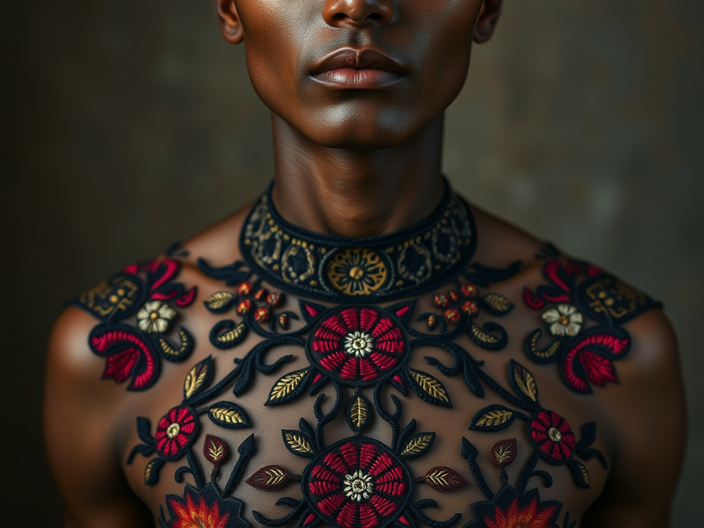 Face, shoulders, chest covered in openwork Inca embroidery. Raw, unedited image.