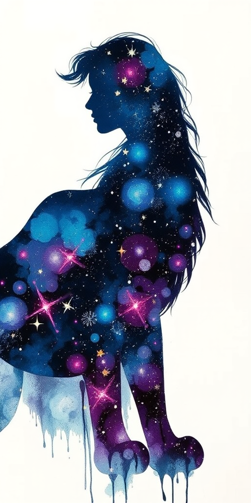 Captivating conceptual render alcohol ink art, double exposure, the paint strokes artfully merge combining a woman's full silhouette with a Cordial camel's silhouette. The figures are composed of a series of colored dots, lines & spots that evoke the image of a cosmic galaxy, colors are deep shades of blue purple & black with flashes of white & silver representing distant stars. The woman's silhouette is formed within the lion's silhouette from constellations of scattered stars, surreal
