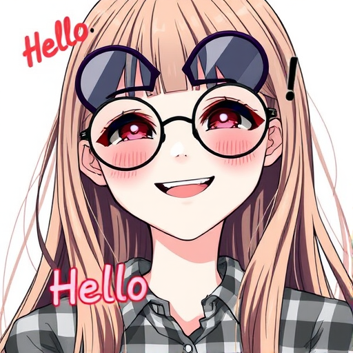 Create a detailed illustration of a girl wearing round sunglasses with long hair, dressed in a plaid shirt, smiling and saying "Hello," using a high-resolution digital art style, shot in a front view perspective, with a soft focus effect, and a modern illustration software.