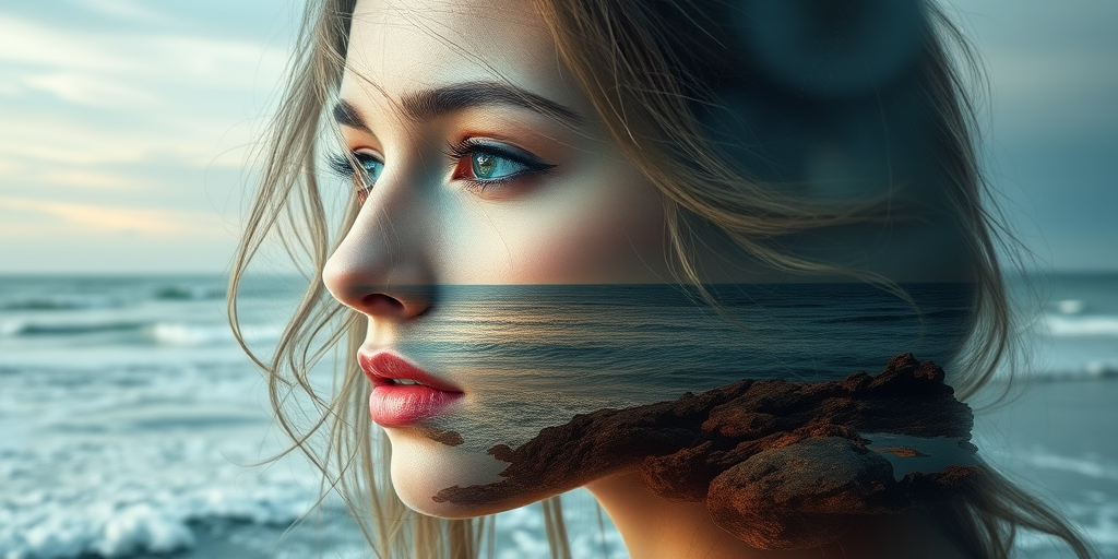 this image is Book cover, A surreal double exposure portrait that blends a woman's face with a beautiful seascape. The overall mood is dreamy and mystical, with rich colors and intricate details