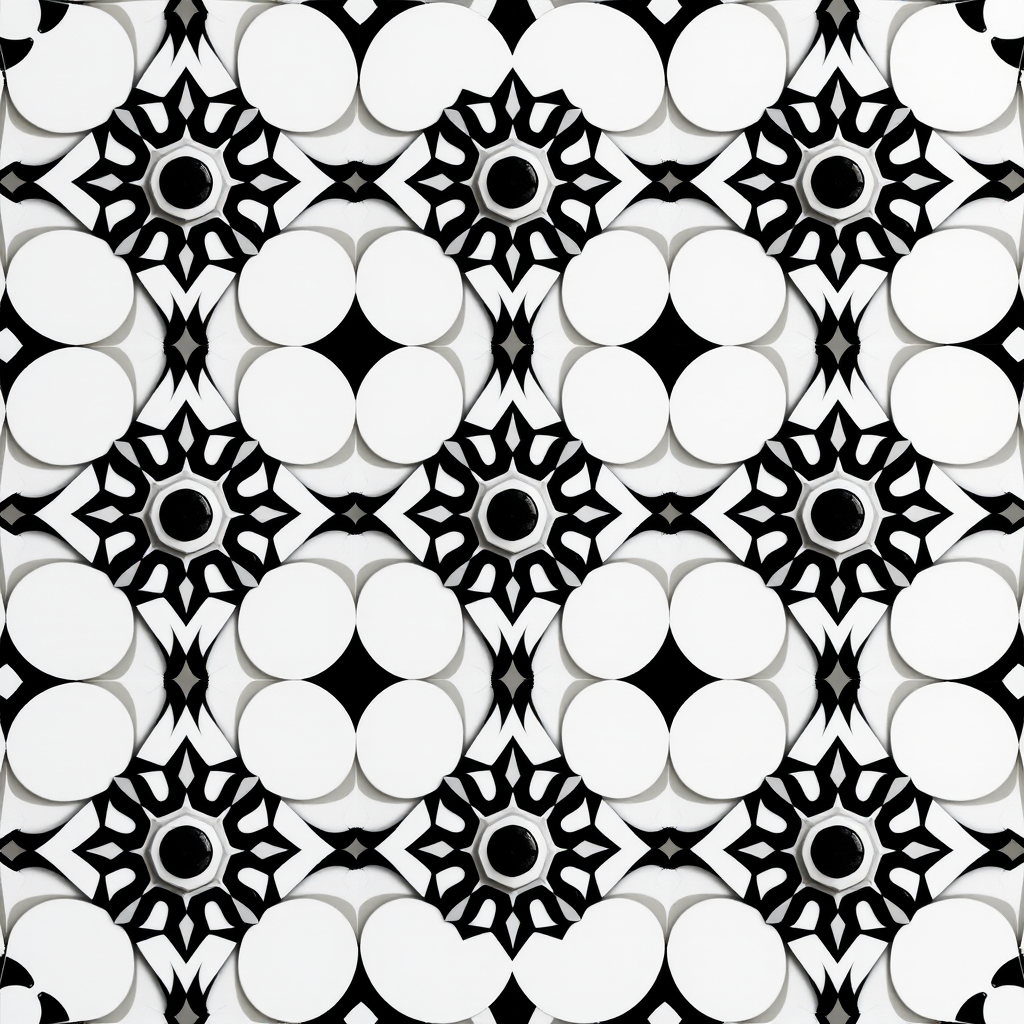 Create a high-resolution black and white geometric pattern featuring diamonds and circles, with a symmetrical arrangement, captured with a DSLR camera at f/8 aperture, ISO 100, 50mm lens, from a top-down view to enhance clarity and detail.