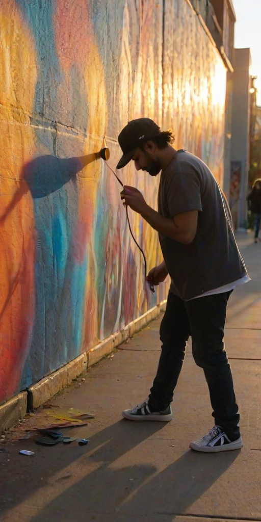 Blurry candid shot of a street artist spray-painting a mural on a large wall, vibrant colors blending together, with soft golden light from a nearby sunset casting long shadows on the ground.