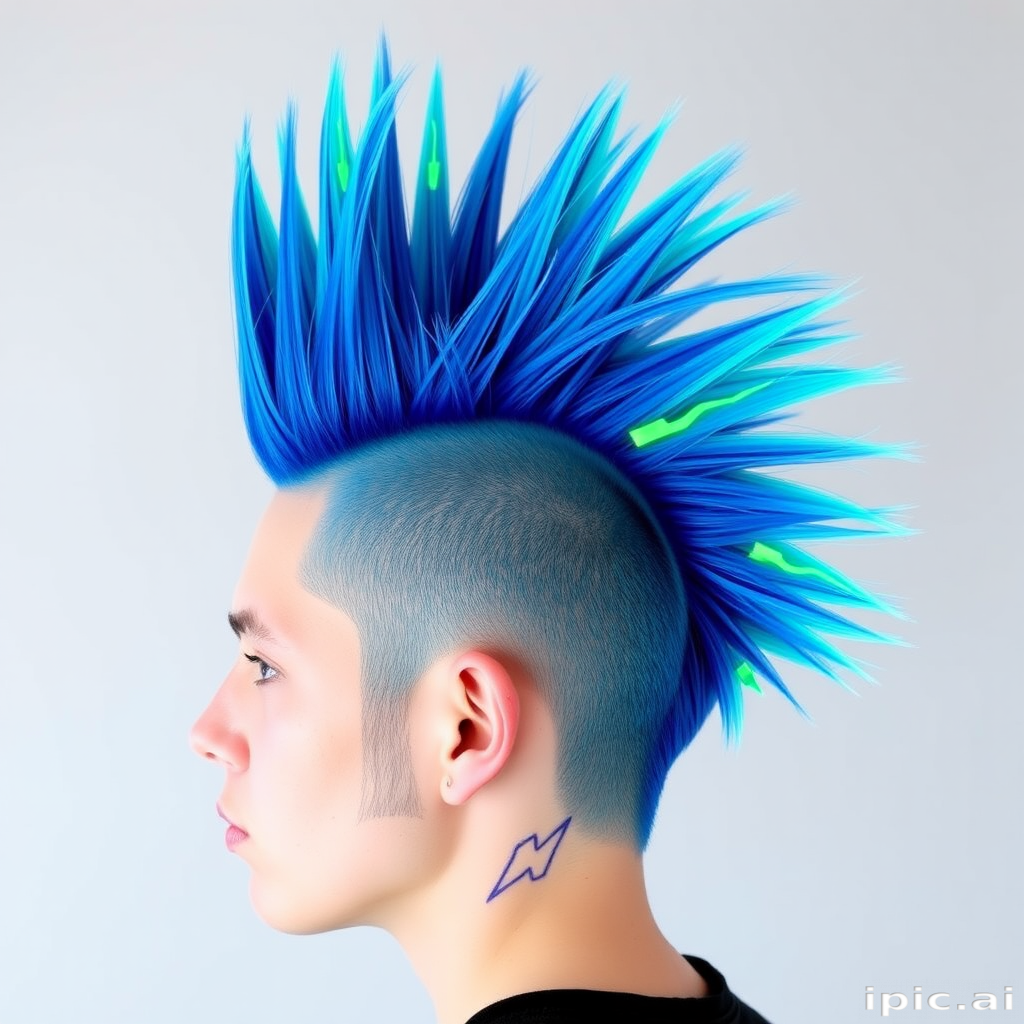 Electric blue mohawk with neon green lightning bolt designs etched into the sides, Volt's hair stands tall and proud, defying gravity and convention with its bold, energetic style