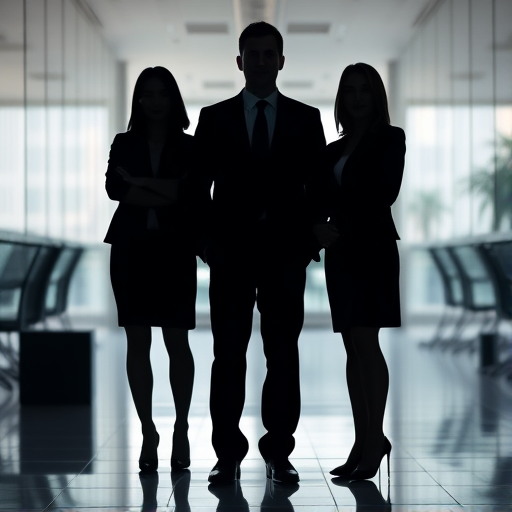 Create a high-resolution silhouette image of three business professionals standing in an office environment, use a Canon EOS R5 camera, aperture f/2.8, shutter speed 1/60 sec, ISO 100, with a shallow depth of field, and capture from a slightly low angle to enhance their stature.