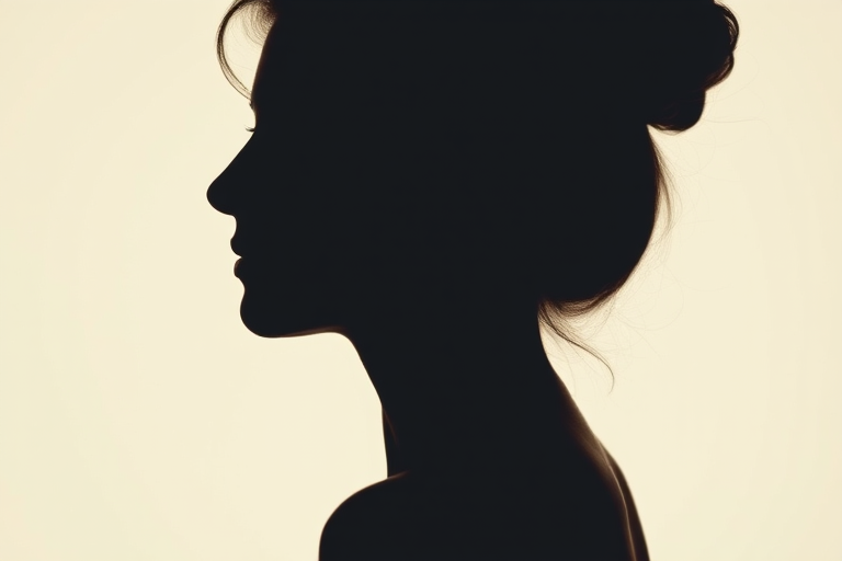 Create a detailed silhouette of a woman's profile with soft edges and a graceful curve, using a DSLR camera with a 50mm f/1.8 lens at f/2.8, ISO 100, and a shallow depth of field to enhance the contrast against a soft, neutral background.