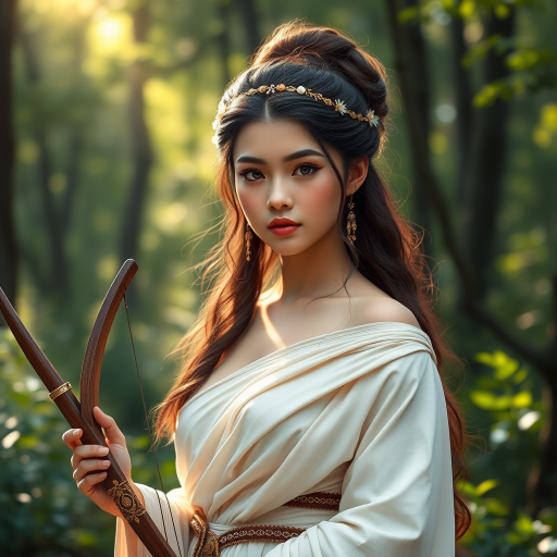 Create a portrait of a goddess-like Uyghur girl figure in a tranquil, forested environment. She has an elegant appearance with long, wavy hair styled in an updo and adorned with a delicate, floral headband. She wears a flowing, ancient Greek-inspired gown in a soft, pale color, featuring a one-shoulder design and draped fabric that accentuates her graceful form. The outfit includes a decorative belt with ornate gold detailing, and she holds a bow in her hand, with a quiver of arrows slung over her shoulder. The background depicts lush greenery, with sunlight filtering through the trees, casting a gentle, ethereal light on the scene. Her expression is calm and contemplative, embodying a sense of wisdom and serenity.