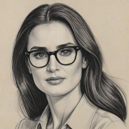 Alluring Demi Moore, pencil sketch, portrait of Charming woman 1948s in glasses, hair style beatnik, outline, clear lines, fine lines, 8k