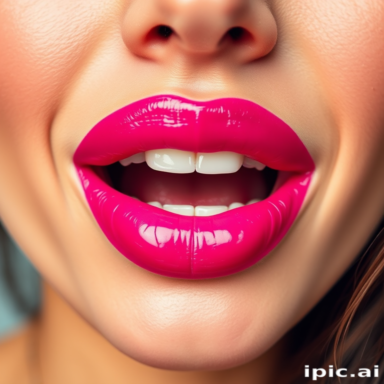 Radiant woman lips adorned with a glossy fuchsia lipstick, vibrant and youthful, full and rounded, exuding playfulness and confidence