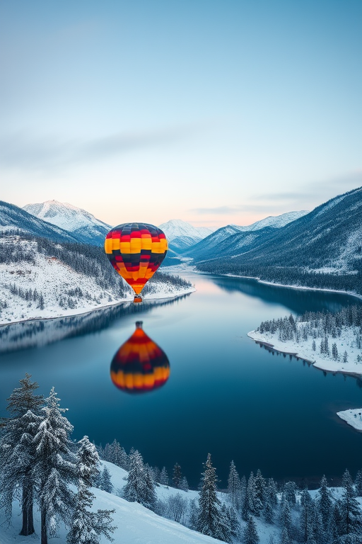A serene winter landscape featuring two colorful hot air balloons floating over a lake surrounded by snow-covered mountains, shot with a DSLR camera at 50mm focal length, f/8 aperture, ISO 100, and a wide-angle view to enhance depth and clarity.
