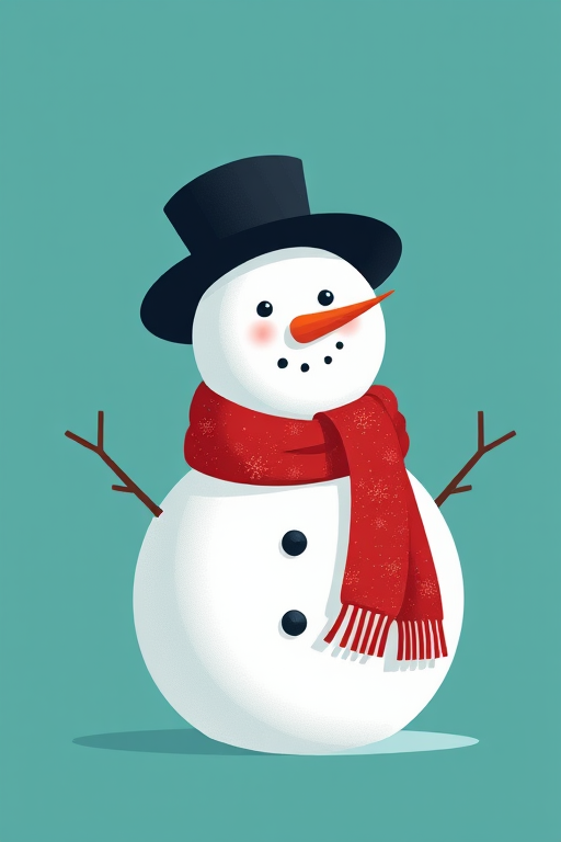 Create a minimalist digital illustration of a snowman with a black hat and a red scarf against a teal background, using a 50mm lens, f/4 aperture, ISO 100, shot in HDR style on a digital camera.
