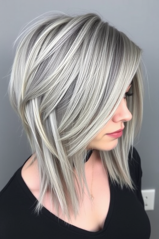 Ash gray hair cut into a sharp, asymmetrical undercut with long, sweeping top layers comprises the edgy "Storm Cloud Chic" style, featuring subtle silver and charcoal highlights that add dimension and movement to the cool-tone