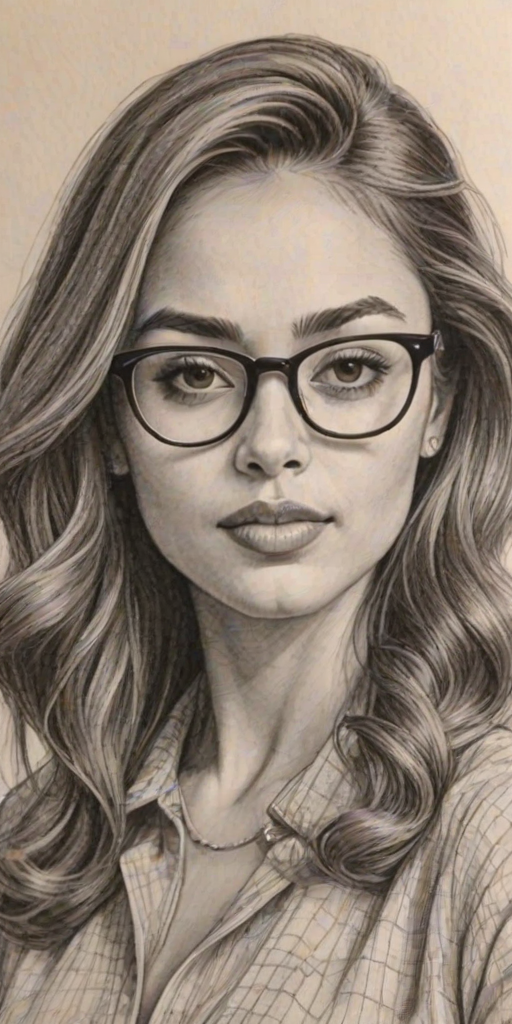 Stunning Lindsey Morgan, pencil sketch, portrait of Appealing woman 1963s in glasses, hair style beatnik, outline, clear lines, fine lines, 8k