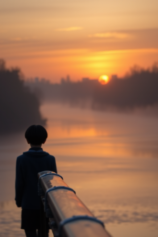 Capture a serene winter sunrise over a misty river with vibrant orange and yellow hues reflecting off the water, using a DSLR camera, 24mm lens, f/8 aperture, ISO 100, shutter speed of 1/125s, shot from a low angle to emphasize the foreground railing and mist.