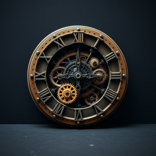 Regenerate the image of an intricate steampunk clock against a dark textured background, capturing the details of the gears and Roman numerals, using a DSLR camera with a 50mm lens, f/1.8 aperture, ISO 100, and a soft-focus background to enhance depth.