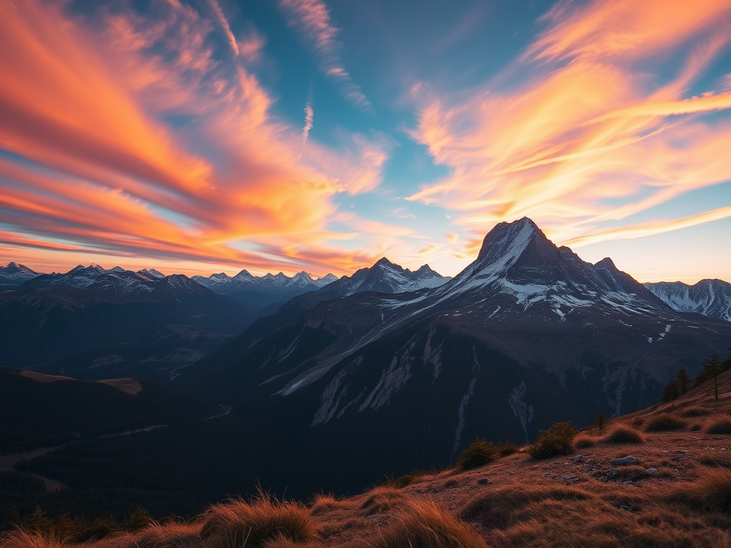 Create a high-resolution image of a serene mountain landscape at sunrise, using a DSLR camera with a 24mm lens, aperture f/11, shutter speed 1/125 sec, ISO 100, and shoot from a low angle to capture foreground detail and vibrant colors in the sky.