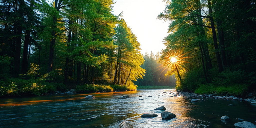 Create an image of a serene, sunlit forest scene with a clear, gently flowing river. Tall trees with lush green foliage line both sides of the river, their leaves bathed in the warm golden light of the setting or rising sun. The sunlight filters through the trees, casting soft, dappled light on the river, which flows over smooth rocks and pebbles, creating a peaceful, natural atmosphere. The sky is bright with a few scattered clouds, and the overall mood is tranquil, evoking a deep sense of connection with nature. The image captures the beauty of a calm, pristine forest landscape at either dawn or dusk.