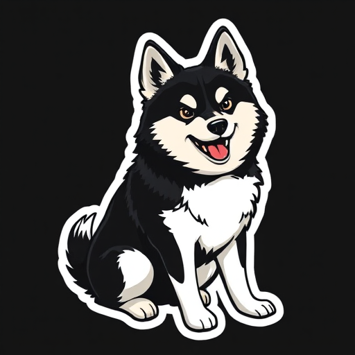 generate sticker, 3D black and white yakutian laika dog breed, black background
