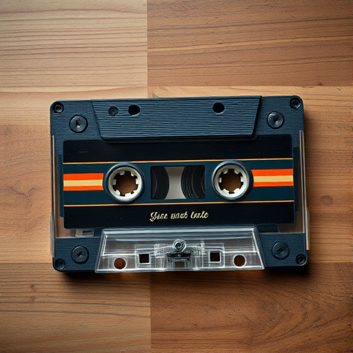 Create a realistic image of an old cassette tape with a vintage design, high resolution, 50mm lens, f/1.8 aperture, ISO 100, soft natural light, top-down view with shallow depth of field.