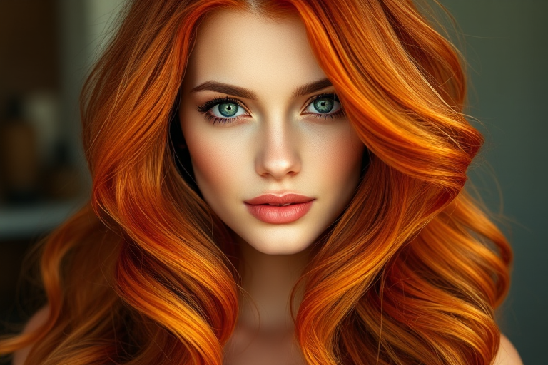 Vibrant auburn tresses cascade in loose waves, framing a porcelain face with emerald eyes, showcasing the Sunburst Flame style's fiery allure and voluminous texture