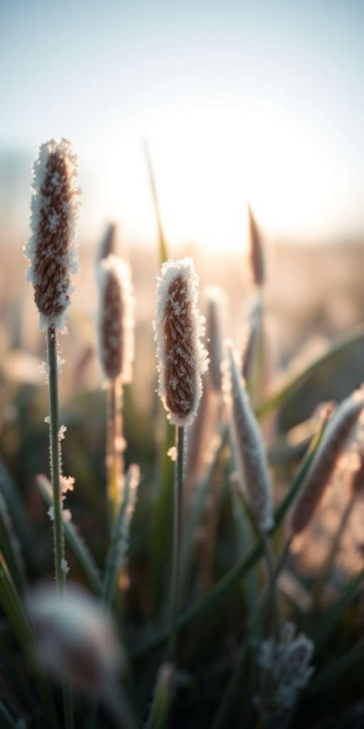 Close-up shot of frost-covered grass heads in soft natural light, shallow depth of field, aperture f/2.8, focal length 100mm, ISO 200, 1/250s shutter speed, DSLR camera, macro photography style.