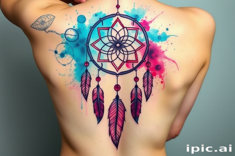 Stunning watercolor tattoo design featuring vibrant splashes of teal and magenta forming a dreamcatcher with feathers cascading down the spine intricate linework and soft gradients blend seamlessly