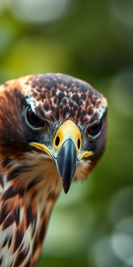 Capture a close-up of a hawk's head with sharp focus, using a DSLR camera, 85mm lens, aperture set to f/2.8, ISO 200, natural lighting from the front, shallow depth of field for a blurred background.