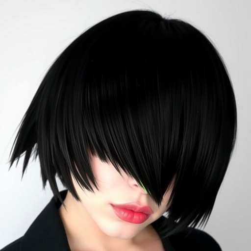 Dramatic jet black bob with razor-sharp edges and a single neon green streak framing the face, creating an eye-catching contrast in the edgy "Emerald Noir" style
