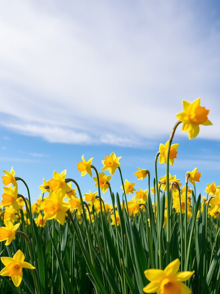 field of vibrant yellow daffodils in full bloom under a clear blue sky with soft clouds, shot with a Canon EOS 5D Mark IV, 24mm lens, f/8 aperture, 1/250 sec shutter speed, ISO 200, in landscape mode using a wide-angle perspective for depth.