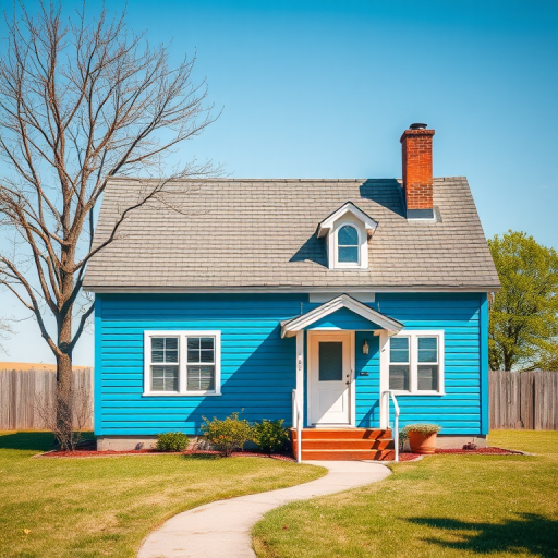 Generate an enhanced image of a stylized blue house with a chimney, taken with a DSLR camera at f/8 aperture, ISO 100, 24mm lens, in natural daylight from a slightly elevated angle for a three-dimensional effect.