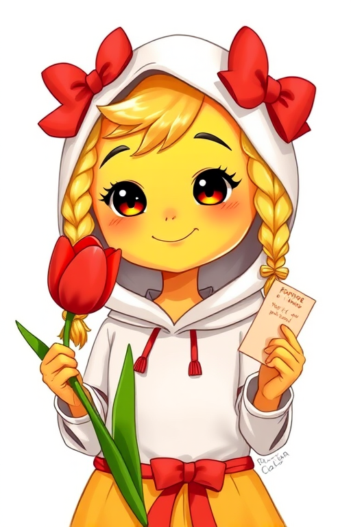 Create a vibrant digital illustration of a cheerful cartoon character with bright yellow skin, blonde braids, a white hood, and red bows holding a red tulip in one hand and a fortune cookie in the other, set against a simple white background, using a Canon EOS R5 camera with a 50mm f/1.2 lens, aperture set to f/2.8, ISO 100, and shot in portrait mode for enhanced detail and color saturation.