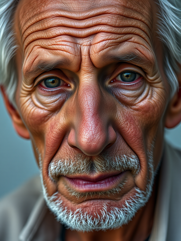 Generate a hyper-realistic portrait of an elderly man with intricate textures, showcasing his facial details and skin imperfections, shot with a Canon EOS 5D Mark IV at 50mm, f/1.8 aperture, ISO 100, natural light, in a studio setting for enhanced clarity and depth.