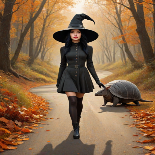 digital art fantasy depicting a strange girl with black hair, long eyelashes, orange lipstick and a tall hat walking along a winding road on an autumn afternoon, an armadillo smiles as he passes