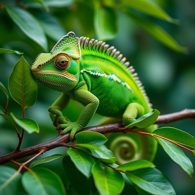 a vibrant green chameleon with a textured body and a crown-like crest resting on a branch surrounded by lush green leaves with a blurred background