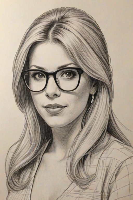 Gorgeous Jodie Sweetin, pencil sketch, portrait of Captivating woman 1973s in glasses, hair style beatnik, outline, clear lines, fine lines, 8k