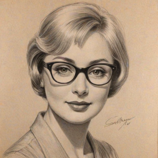 Magnificent Shirley Jones, pencil sketch, portrait of Splendid woman 1923s in glasses, hair style beatnik, outline, clear lines, fine lines, 8k