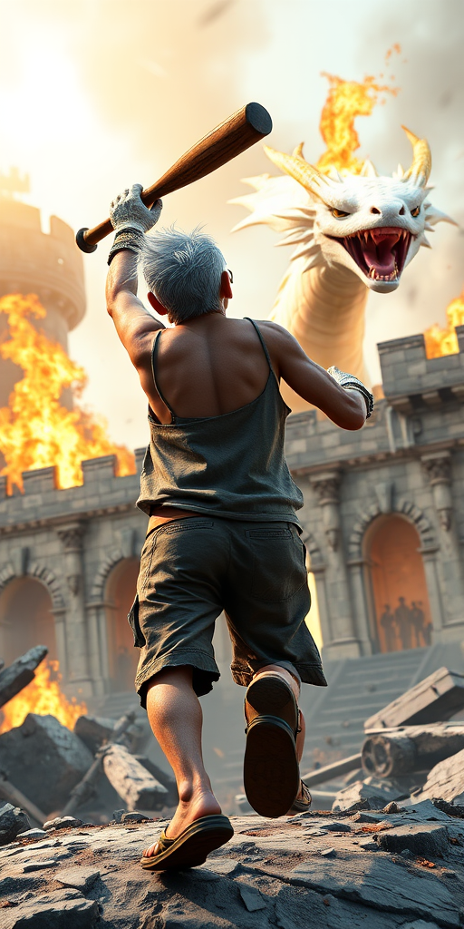 Cartoon 3D High-Resolution,dynamic battle scene using Unreal Engine 5 and Octane Render. The scene features back of an elderly, thai man with a beard,messy hair and round golden-rimmed glasses. He is wearing a tattered tank top with soot marks, shorts, and sandals. sweating. he wields a baseball bat. He jump to fight with a white fire-breathing Europe dragon amidst a partially destroyed stone castle. Include intense flames, smoke, and debris to enhance the dramatic effect.