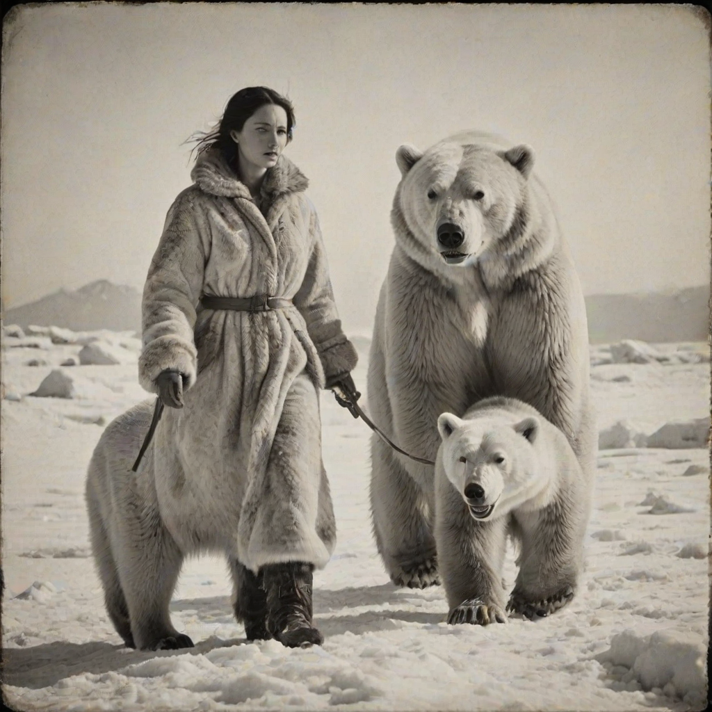 A very old photograph in black and white. The photo is badly damaged, faded, with scratches, tears, smudges and dirt. The photo is ultra-realistic and very detailed. It's a picture of an Arctic warrior. She is walking serenely towards the camera. At her side walks a majestic polar bear. Its fur shines in the sunlight. Snow, ice, sea. wind. snow in the air.
